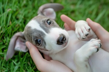 Adorable grey and white puppy gently cradled in hands on green grass.