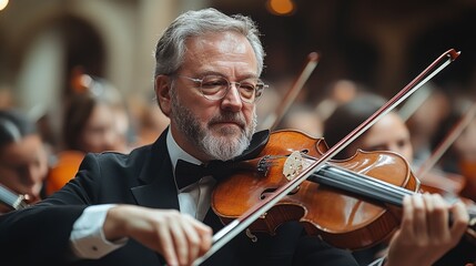 Orchestra conductor leading a performance with musicians playing string instruments in a concert...