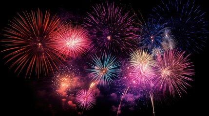 Enchanting Fireworks Display, Celebratory Bursts of Color, Night Sky, Joyous Occasion, Hyper-Realistic Art, Copy Space, Black Background