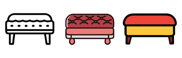 Stylish Ottoman Icon Set in Vector, A set of three vector icons showcasing ottomans in different designs and colors, perfect for furniture, home decor, and interior concepts.
