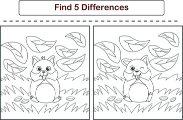 Funny cartoon hamster. Find 5 differences. Kids Education games. Cartoon vector illustration