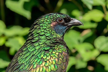 Fototapeta premium A close-up of a hummingbirdâ€™s iridescent feathers shimmering in the sunlight, with a green jungle backdrop