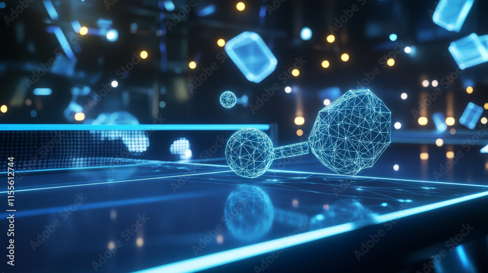 Poster the hologram table tennis. a racket and a ball made of polygons, triangles of points and lines. pinp