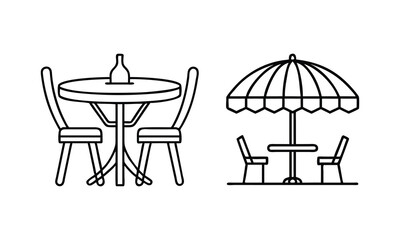 Outdoor Table and Umbrella Vector Icons, A black and white vector set of outdoor table and umbrella icons with chairs, ideal for patio, dining, or leisure concepts.
