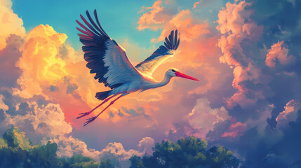 Digital Stork Glide: Immerse yourself in this vector illustration, showcasing a holographic stork in flight. A captivating representation of nature's grace and elegance.