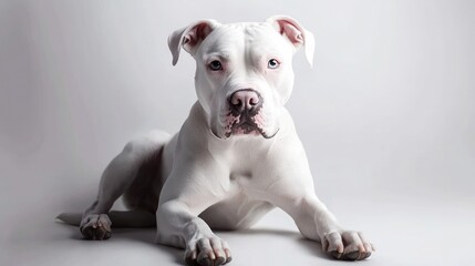 Obraz premium White American Bulldog sitting, looking at camera.