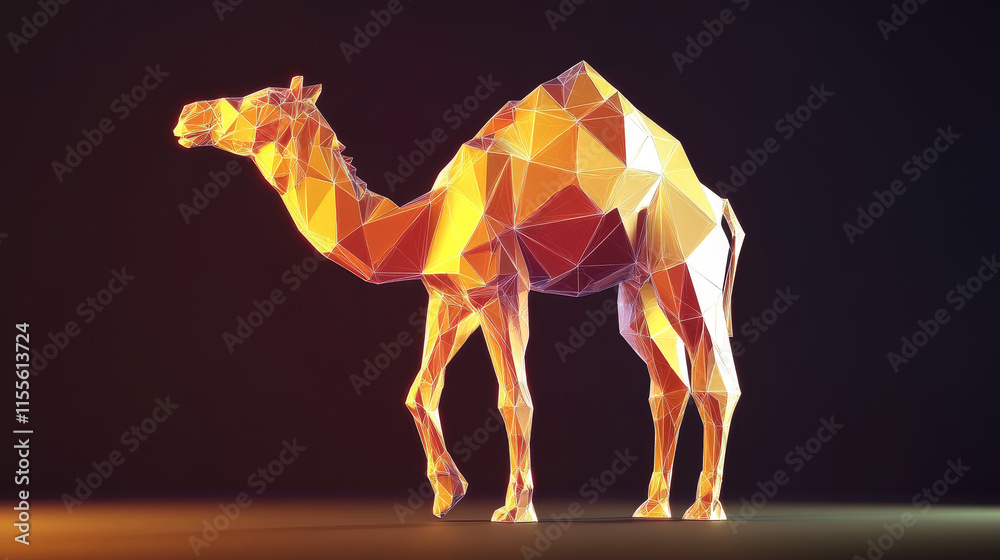 Poster a hologram of a camel. a camel made of polygons, triangles of points and lines. camel low-poly compo