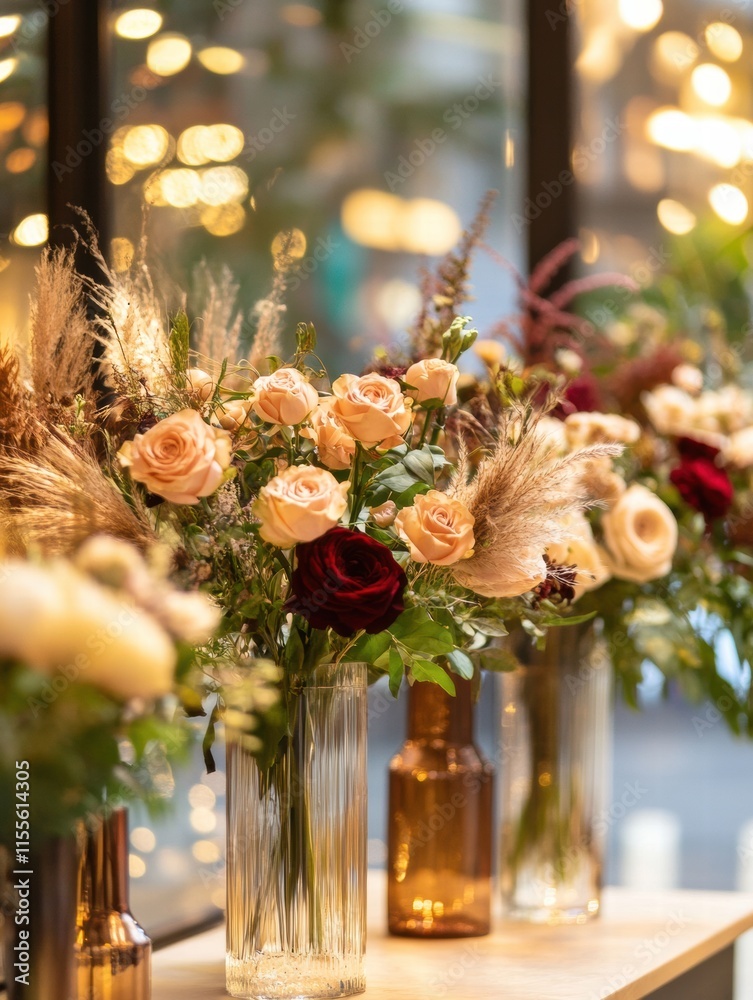 Poster stylish storefront display featuring elegant flower arrangements in glass vases. generative ai
