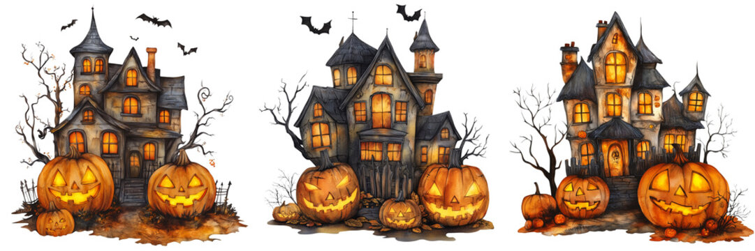 Set olf A cozy front porch decorated for Halloween with an array of carved pumpkins on transparent png background