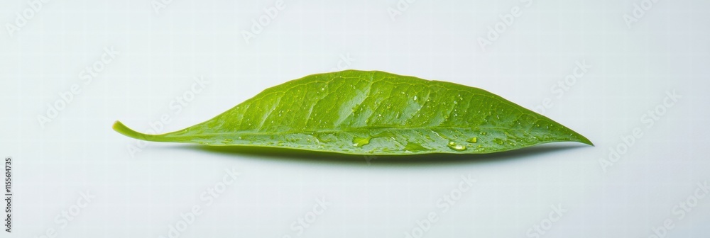 Poster perfect green leaf holding a single water droplet in a serene setting with soft lighting. generative