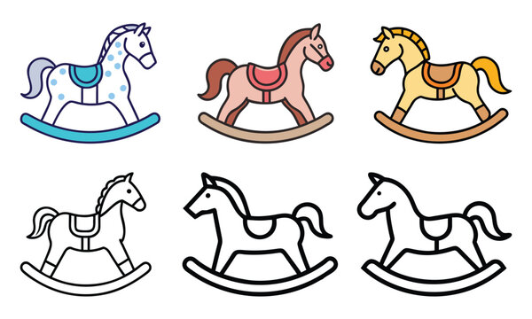 Set of Rocking Horse Icons in Color and Outline, Collection of six rocking horse illustrations, including colorful and outline designs, showcasing classic toy styles perfect for kids and playroom deco