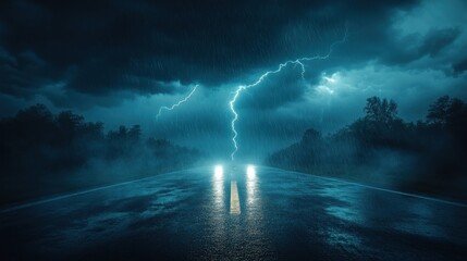 Obraz premium Dark, stormy night on a wet road with lightning.