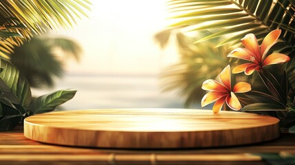 Obraz premium Wooden platform mockup in tropical setting with ocean view.