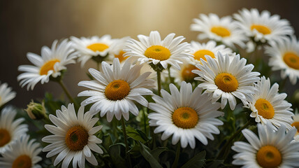 Fototapeta premium Close-up of a Bouquet of White Daisies with Yellow Centers, Soft Lighting, Detailed Petals, Natural Beauty