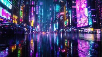 Obraz premium Neon Cityscape Under a Rainstorm