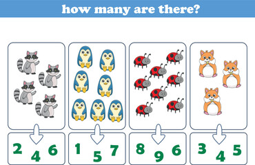Counting game of wild animals for preschool kids. Printable. Vector Illustration