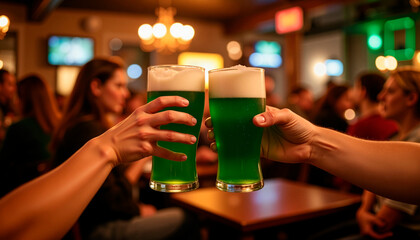 Friends toasting with green drinks in lively restaurant during St. Patrick&rsquo;s Day celebration
