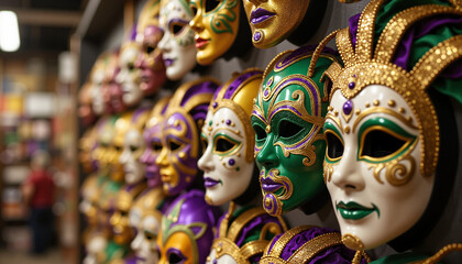 Handcrafted Mardi Gras masks displayed on wall in craft shop with vibrant designs
