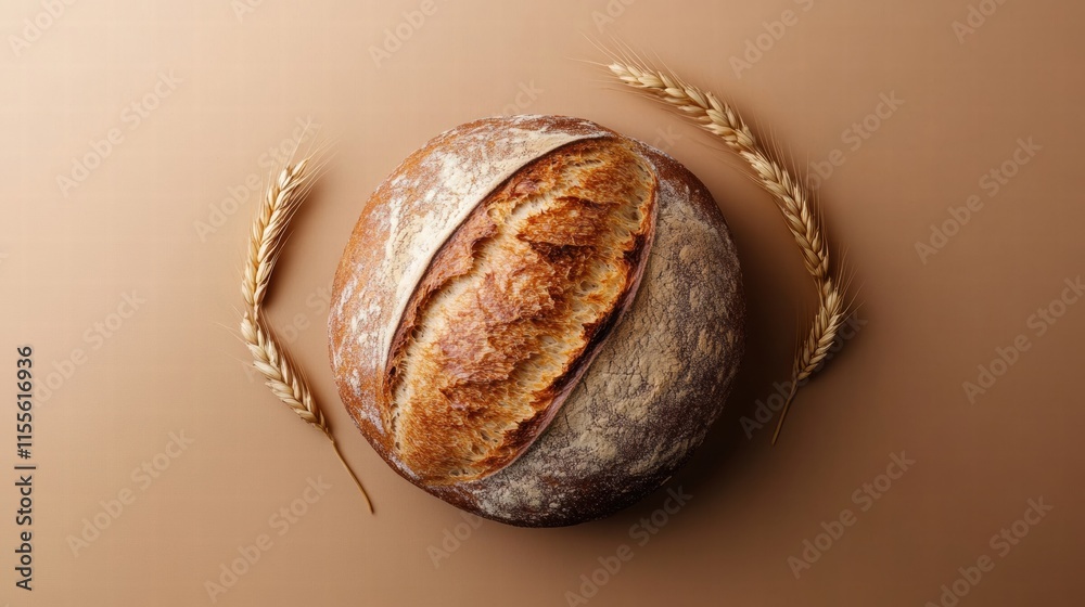 Leinwandbilder Minimalist bread loaf resting on a smooth surface with wheat grains nearby providing a clean and simple backdrop for text. Generative AI