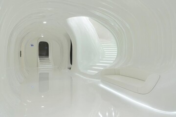 A futuristic home with glowing walls, digital interfaces integrated into furniture, and a sleek minimalist design