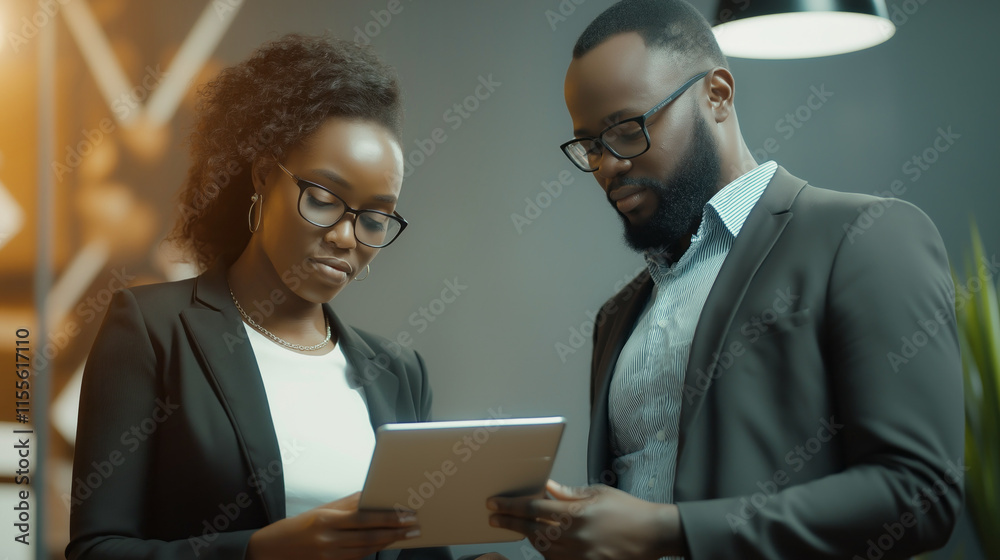 Poster in a contemporary office environment, two professionals engage in a dynamic discussion while examini