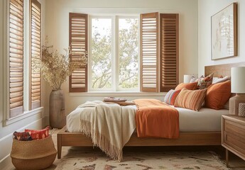 Fototapeta premium Cozy bedroom interior featuring warm hues with orange accents, wooden furniture, and natural light pouring through shuttered windows for a serene ambiance