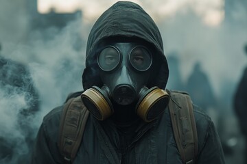 Distinctive figure in gas mask amidst urban haze during uncertain times
