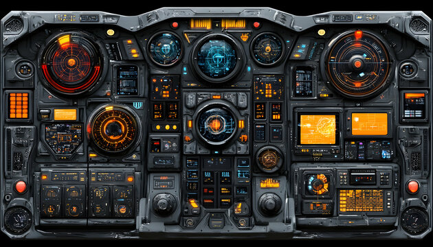 Futuristic spaceship control panel, detailed interface, digital dashboard, sci-fi technology, orange and blue lights, buttons, screens, dials,  complex design, dark grey metallic texture.