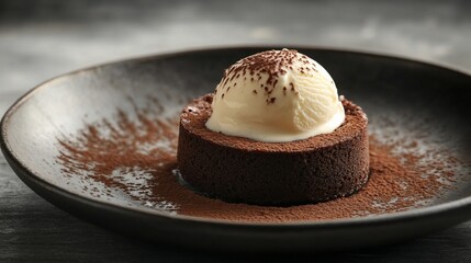 A rich chocolate dessert topped with vanilla ice cream on a dark plate.