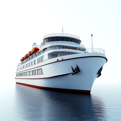 Cruise ship at sea, white hull, red accents.