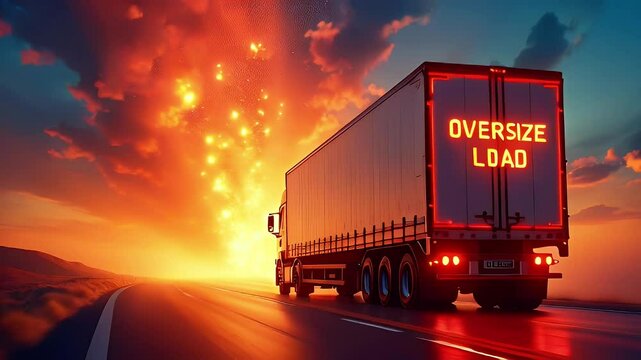 A truck with an "Oversize Load" sign drives into a vibrant sunset, highlighting transport logistics.
