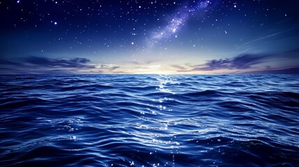 Serene ocean view under a starry night sky, reflecting calm waves.