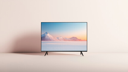 Modern television displaying tranquil mountain landscape with a pastel sunset in a minimalistic room setting.