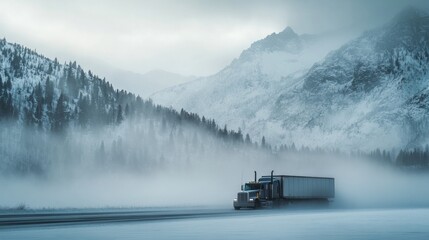 Semi-truck driving on snowy mountain highway.