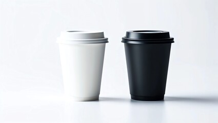 Blank black and white disposable paper cup with plastic lid mock up isolated, 3d rendering. Empty polystyrene coffee drinking mug mockup front view. Clear plain tea 