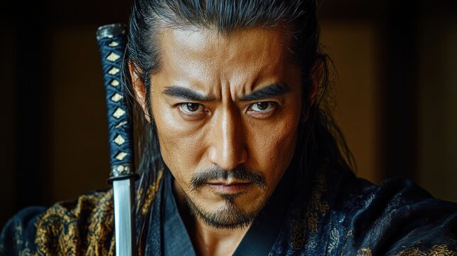 Determined samurai with katana, intense expression.