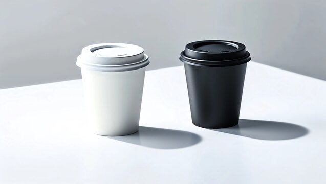Blank black and white disposable paper cup with plastic lid mock up isolated, 3d rendering. Empty polystyrene coffee drinking mug mockup front view. Clear plain tea 