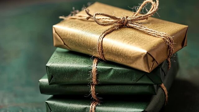 Beautifully wrapped gifts in gold and green on a textured surface for a special occasion