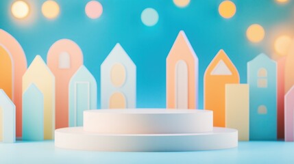 Fototapeta premium Colorful abstract stage with geometric houses and soft lighting for creative performances and events.