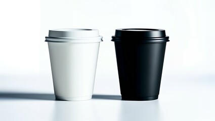 Blank black and white disposable paper cup with plastic lid mock up isolated, 3d rendering. Empty polystyrene coffee drinking mug mockup front view. Clear plain tea 