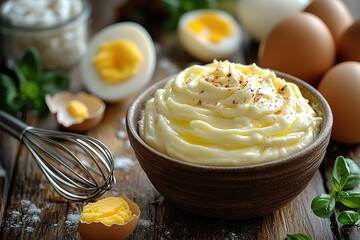 A bowl of yellow cream sits on a wooden table
