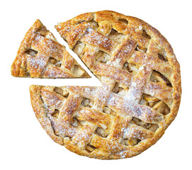 Baked round apple pie and triangle cut piece on isolated background