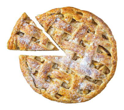 Baked round apple pie and triangle cut piece on isolated background