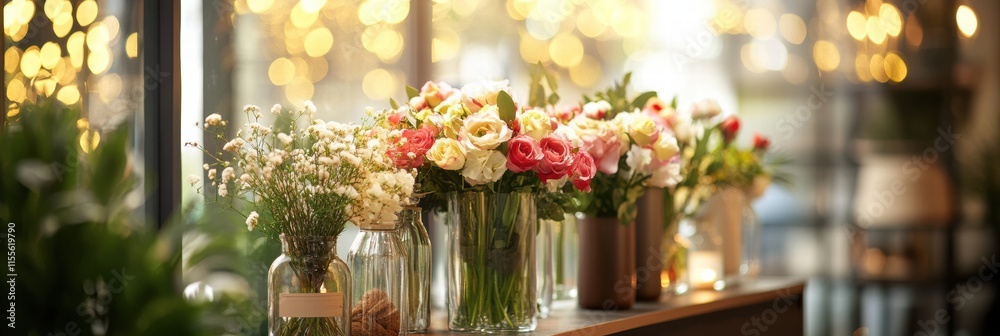 Aufkleber Stylish storefront display featuring an array of colorful flowers in glass vases. Generative AI
