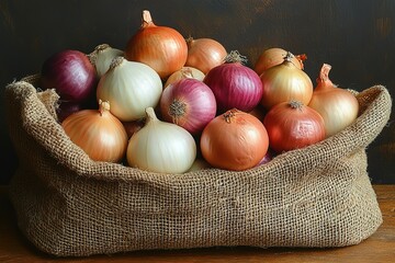 A basket full of onions of different colors