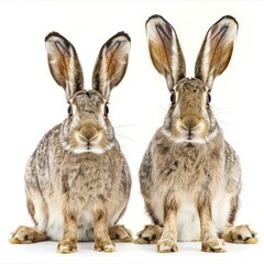 Obraz premium Two hares are sitting and staring on a white background in a studio setting
