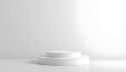 Minimalist White Cylindrical Display Stand on Bright Background. 3D rendering.