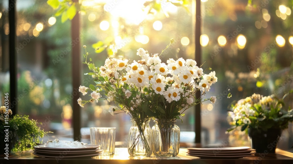 Poster Elegant storefront display features vibrant flowers in glass vases with warm sunlight illuminating the setup. Generative AI