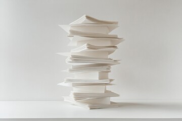 A Tall Stack Of White Papers Stands On A White Surface