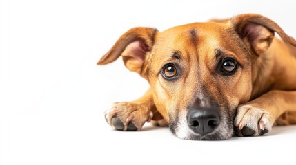 Obraz premium Close-up of a brown dog lying down on a white background, looking at the camera with a sad expression.